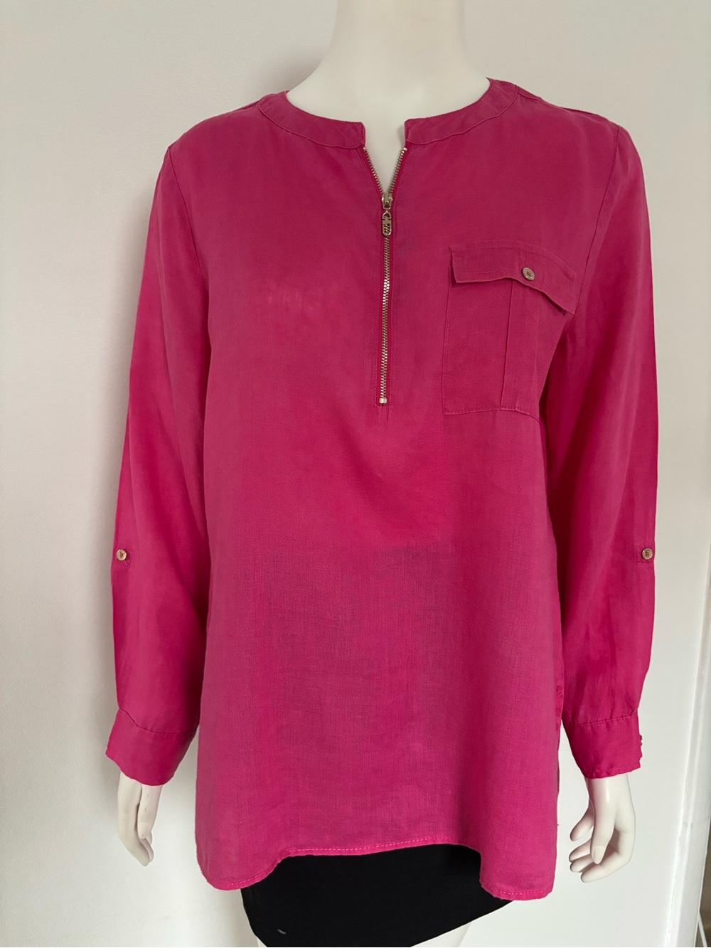 Jones New York Women's 100% Linen Hot Pink Zip Front Long Sleeve Tunic